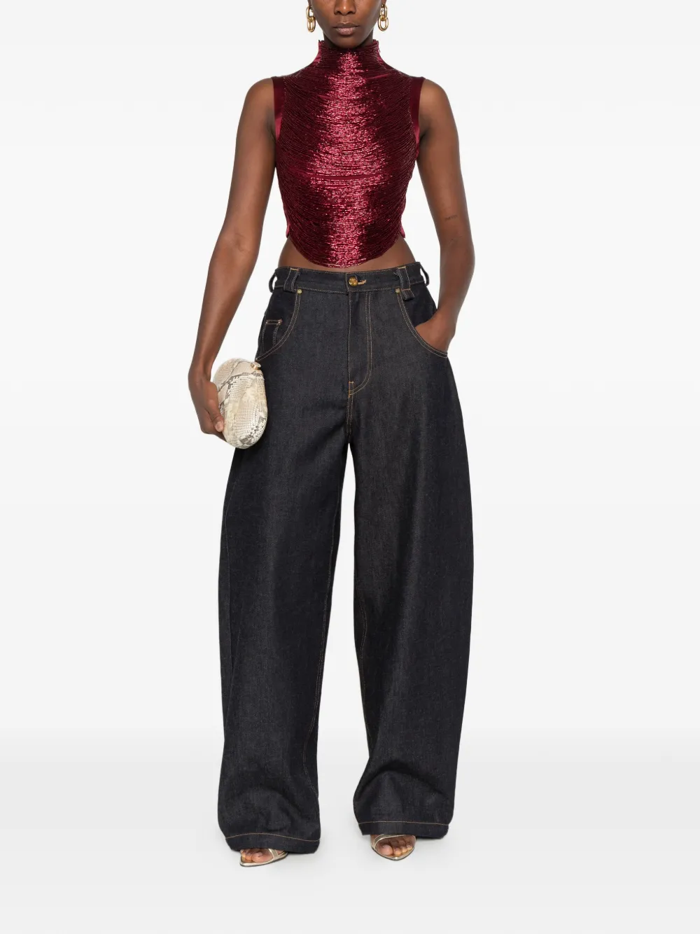 Cult Gaia Taraji beaded high-neck top Rood