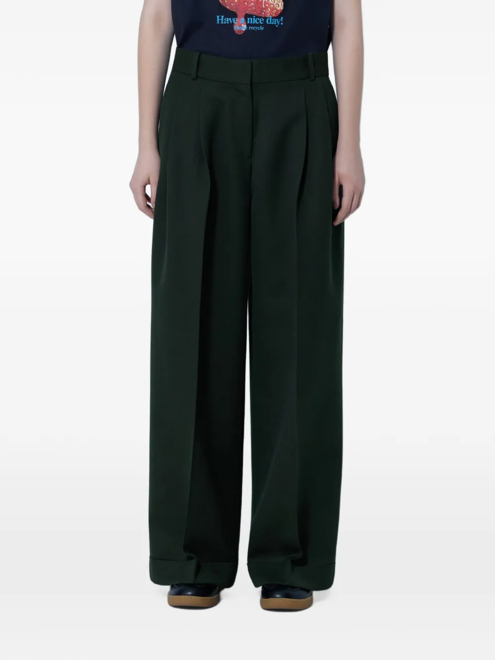 GANNI pleated-front wide-leg trousers Groen