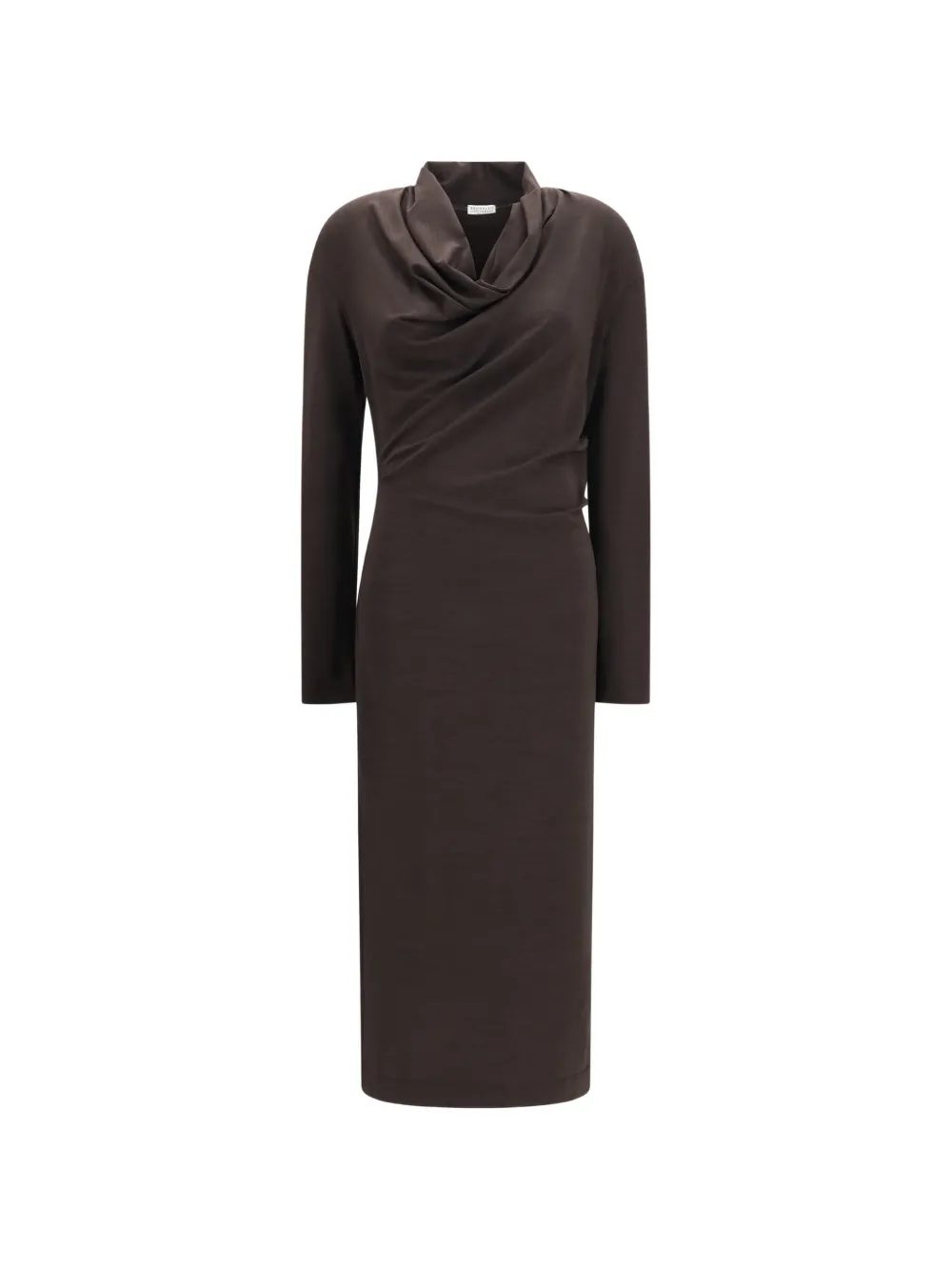 Brunello Cucinelli techno wool jersey dress with draping and Monili Bruin
