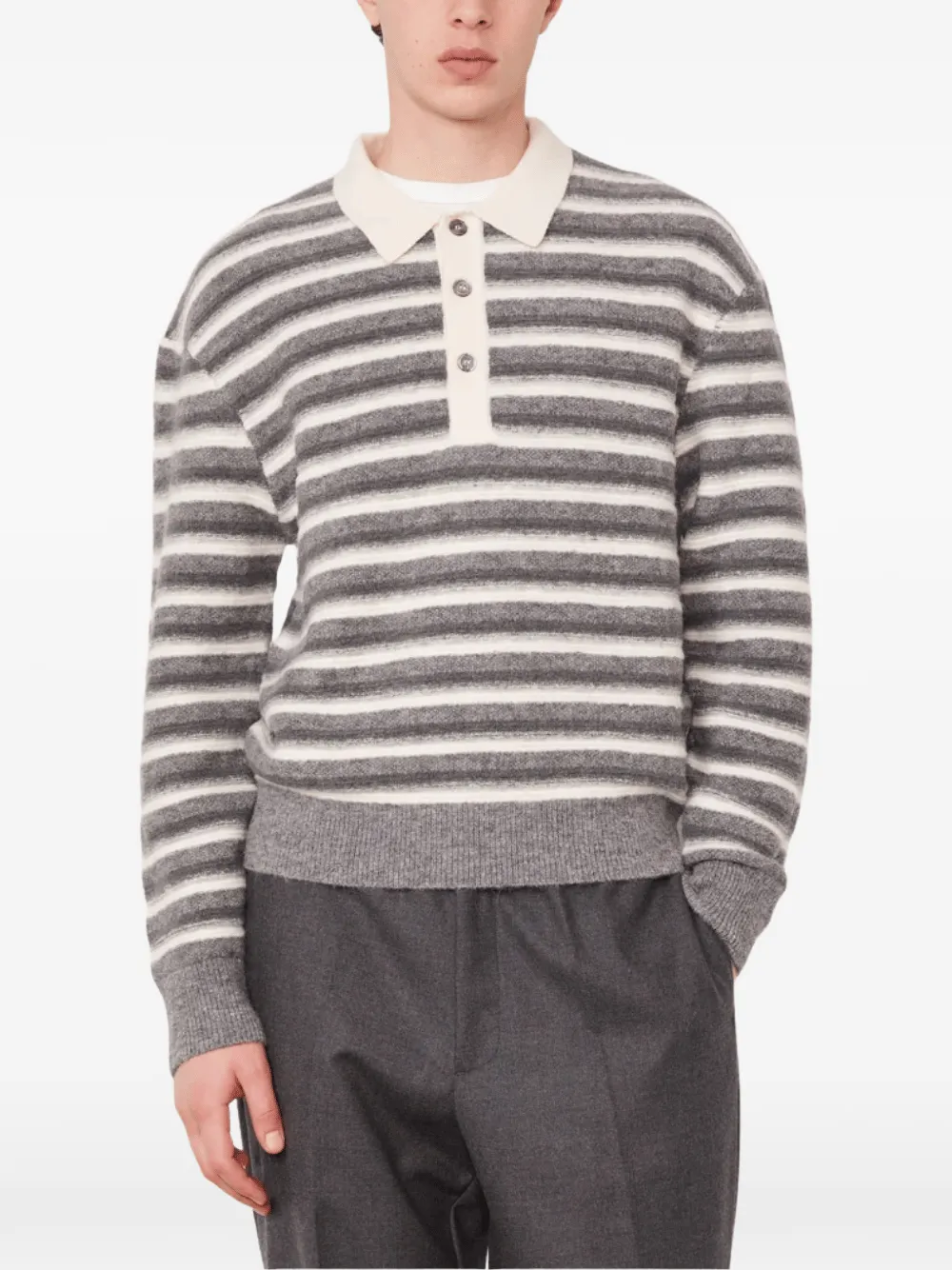 Officine Generale Patchi striped polo-collar sweater Beige