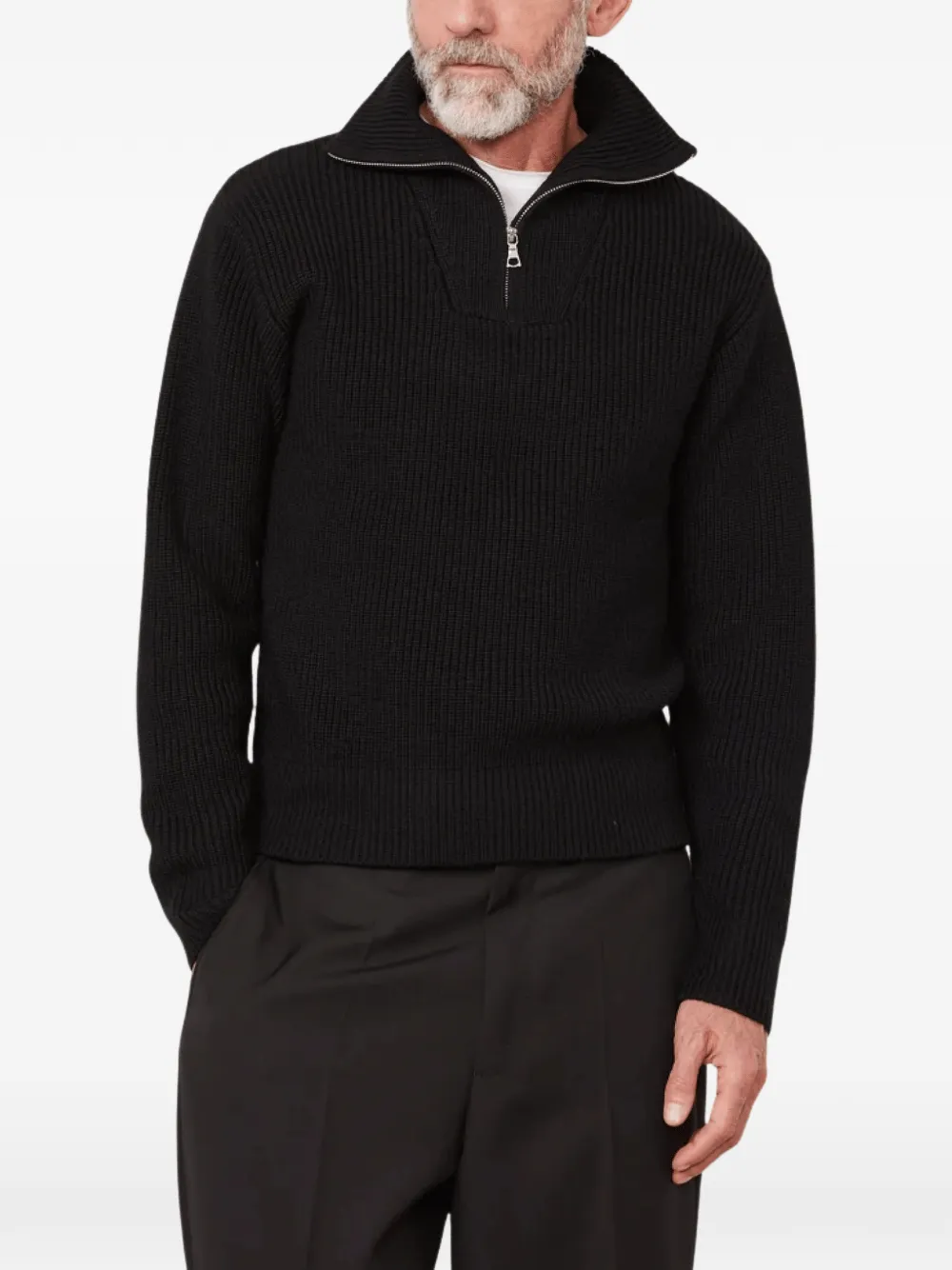 Officine Generale ribbed-knit quarter-zip sweater Zwart