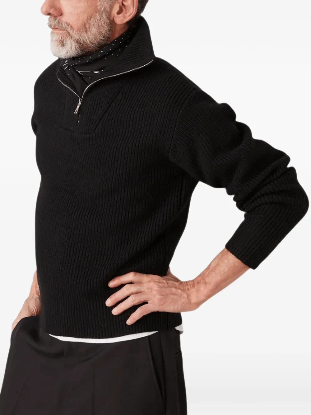 Officine Generale ribbed-knit quarter-zip sweater Zwart