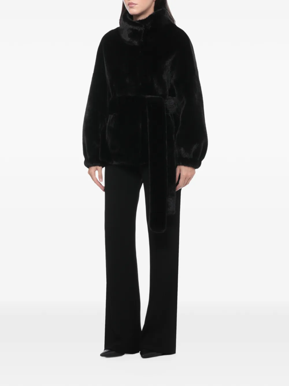 BULLY faux-fur belted jacket Zwart
