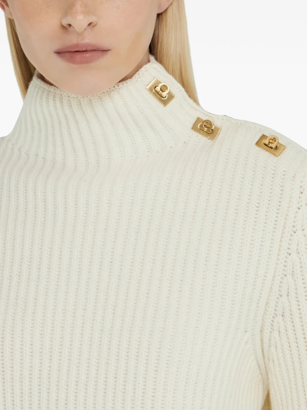 Ferragamo knitted mock-neck sweater with Gancini detail Beige