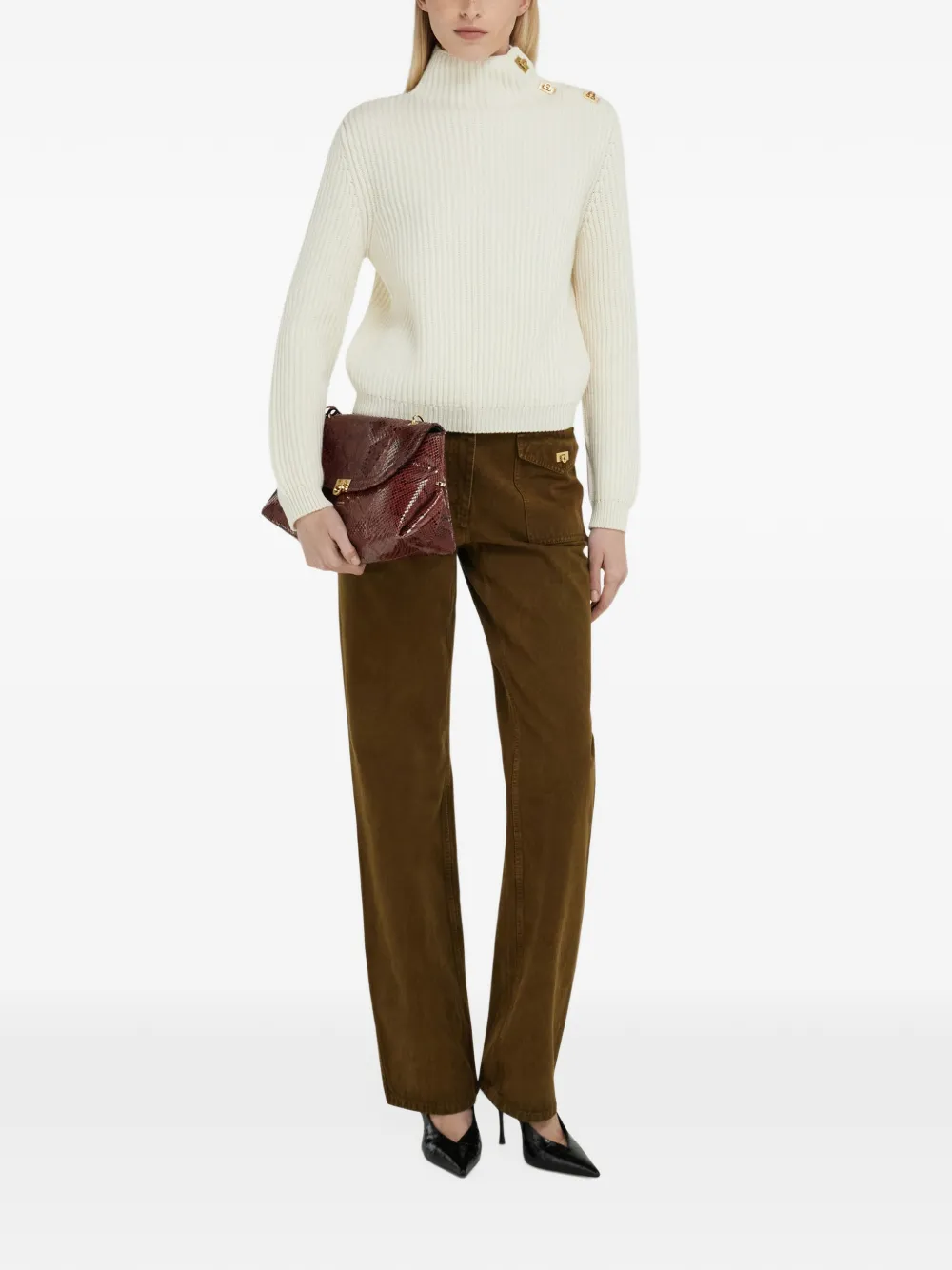 Ferragamo knitted mock-neck sweater with Gancini detail Beige