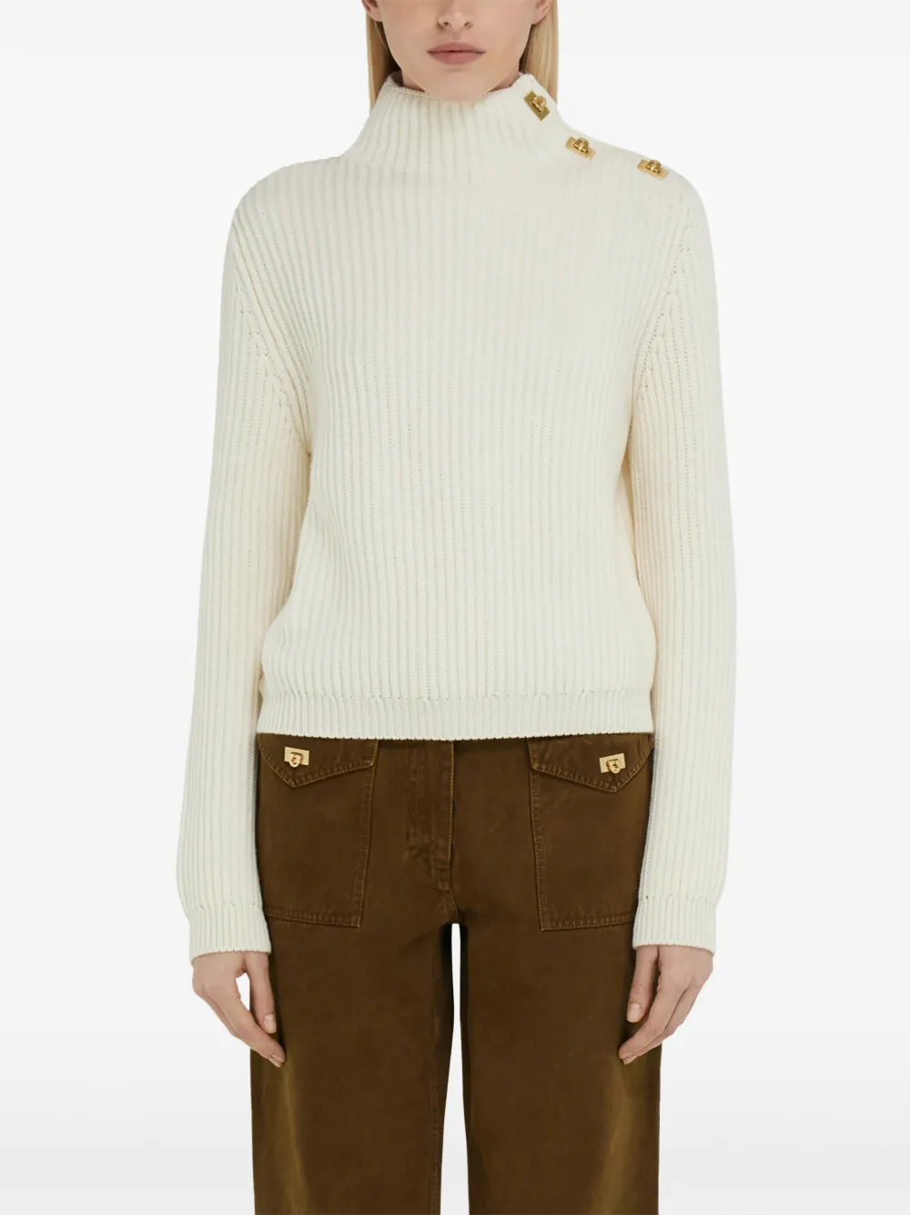 Ferragamo knitted mock-neck sweater with Gancini detail Beige