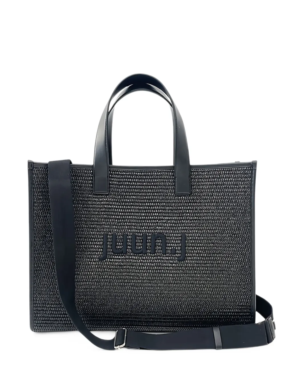Juun.J logo-embroidered raffia tote bag Zwart
