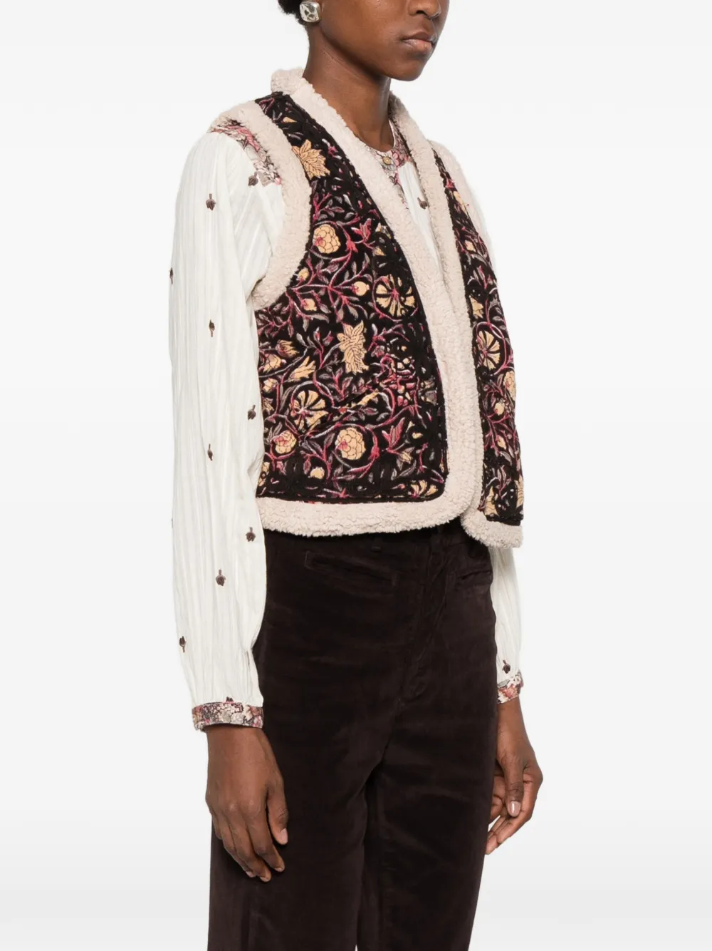 MAISON HOTEL Polermo floral-embroidered shearling-trim gilet Zwart