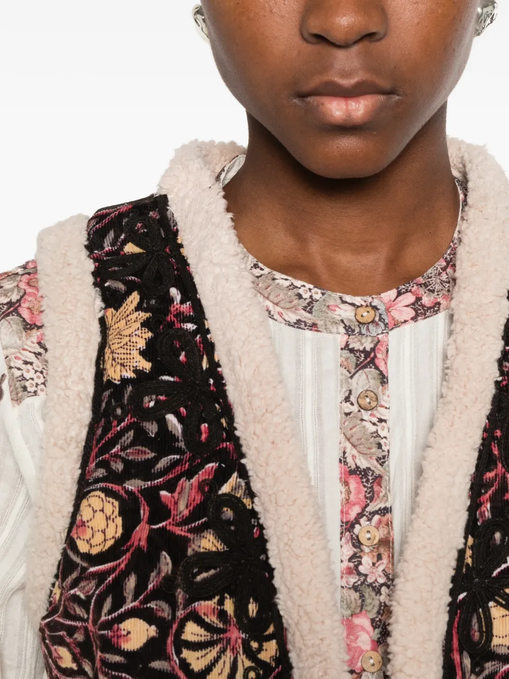 MAISON HOTEL Polermo floral-embroidered shearling-trim gilet Zwart