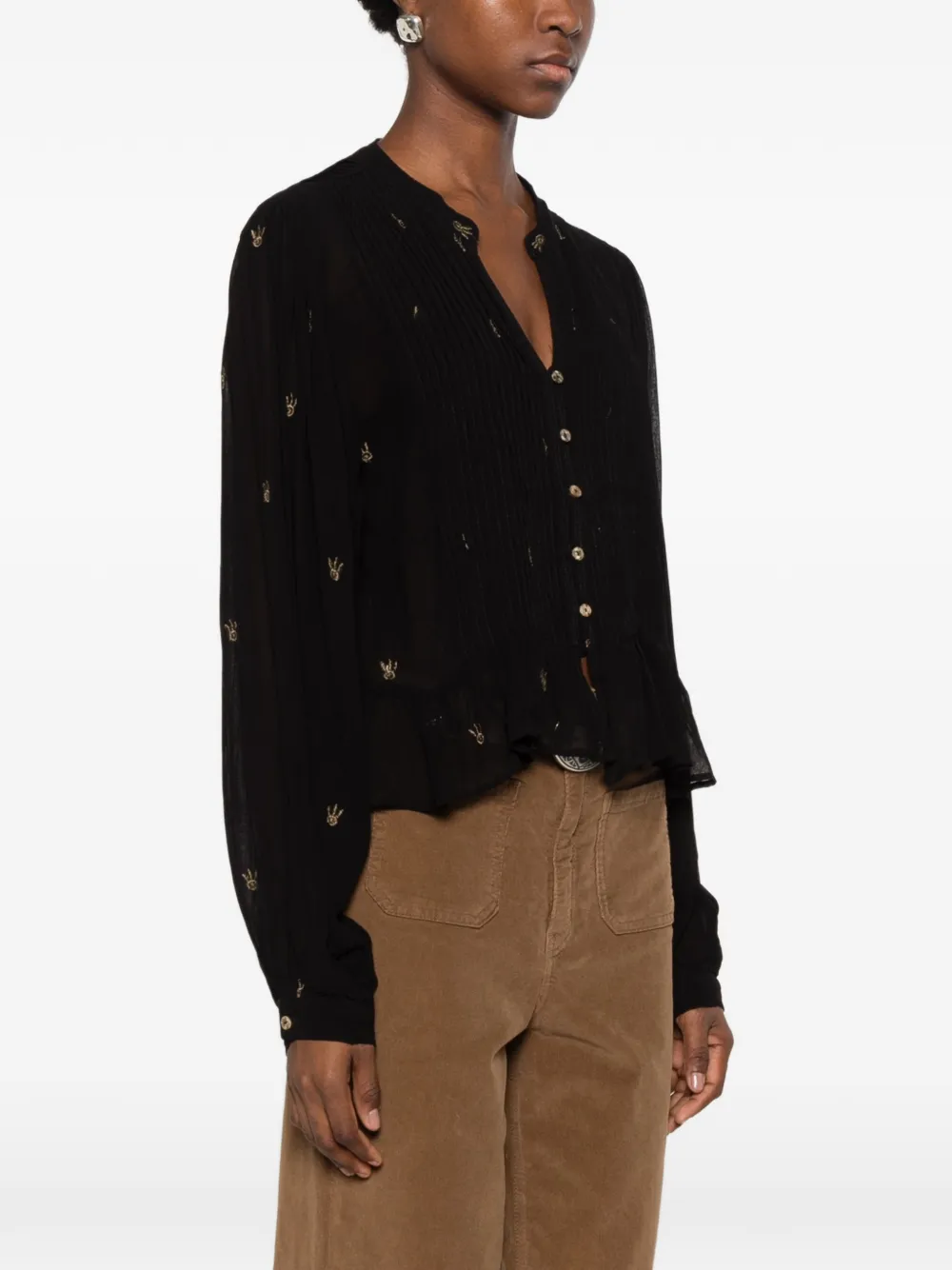 MAISON HOTEL Catherine embroidered pleated blouse Zwart
