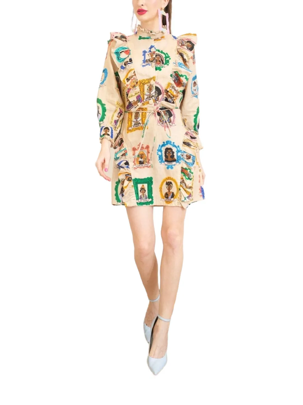 a.nty story Mini-jurk met hoge hals en ruches Beige