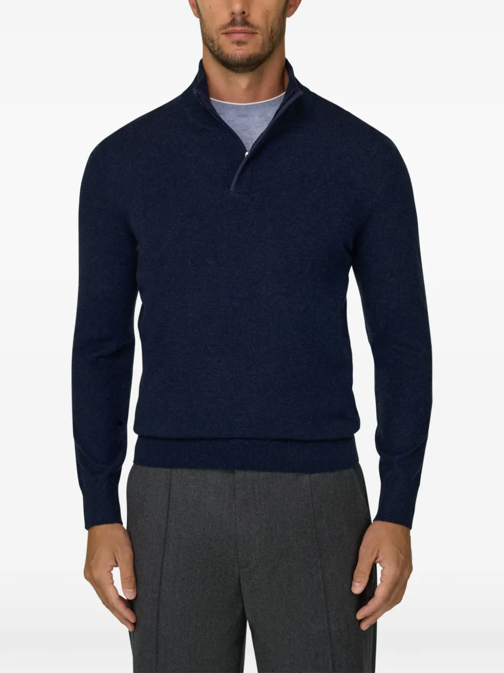 Boggi Milano roll-neck jumper quarter-zip wool cashmere mélange Blauw