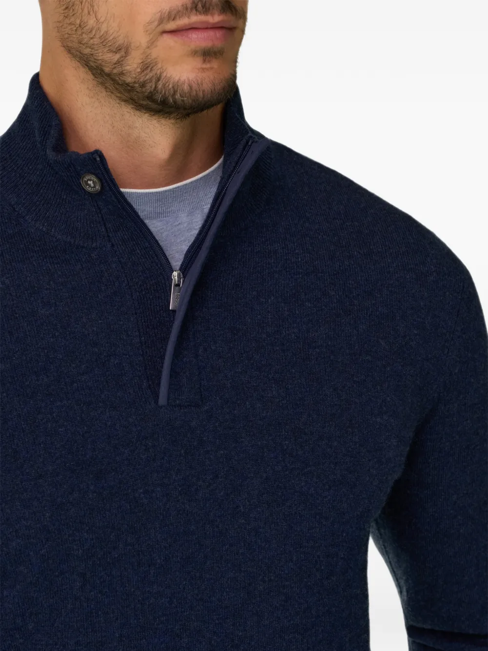 Boggi Milano roll-neck jumper quarter-zip wool cashmere mélange Blauw