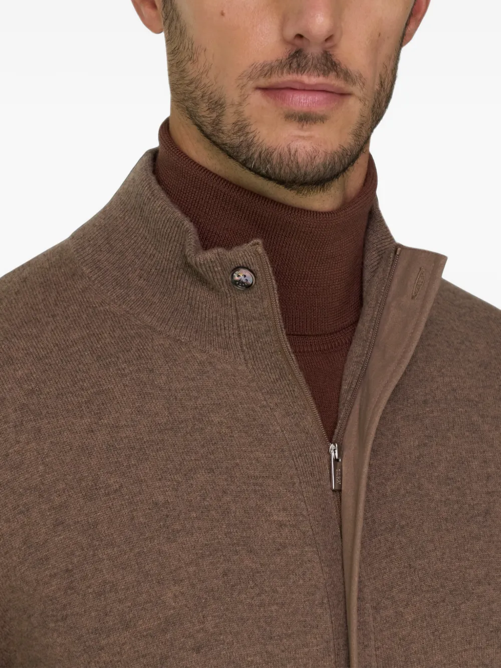 Boggi Milano roll neck jumper full-zip wool cashmere mélange Bruin
