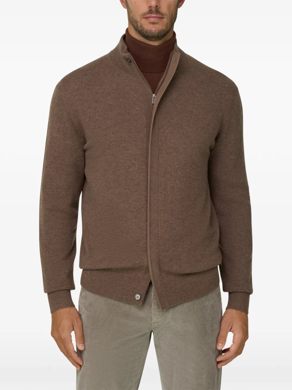 Boggi Milano roll neck jumper full-zip wool cashmere mélange Bruin