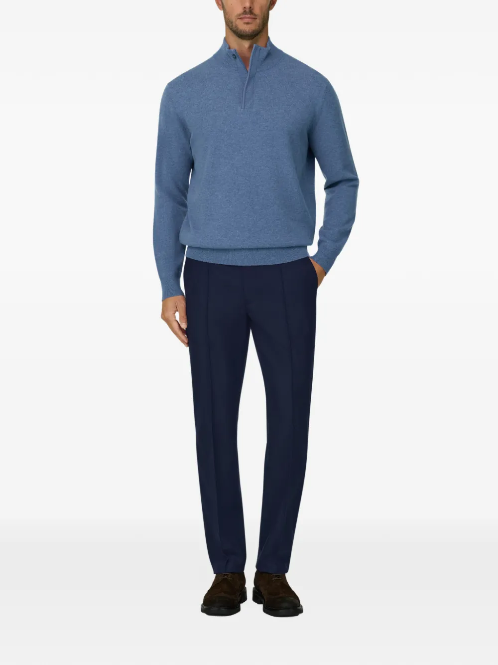 Boggi Milano roll-neck jumper quarter-zip wool cashmere mélange Blauw