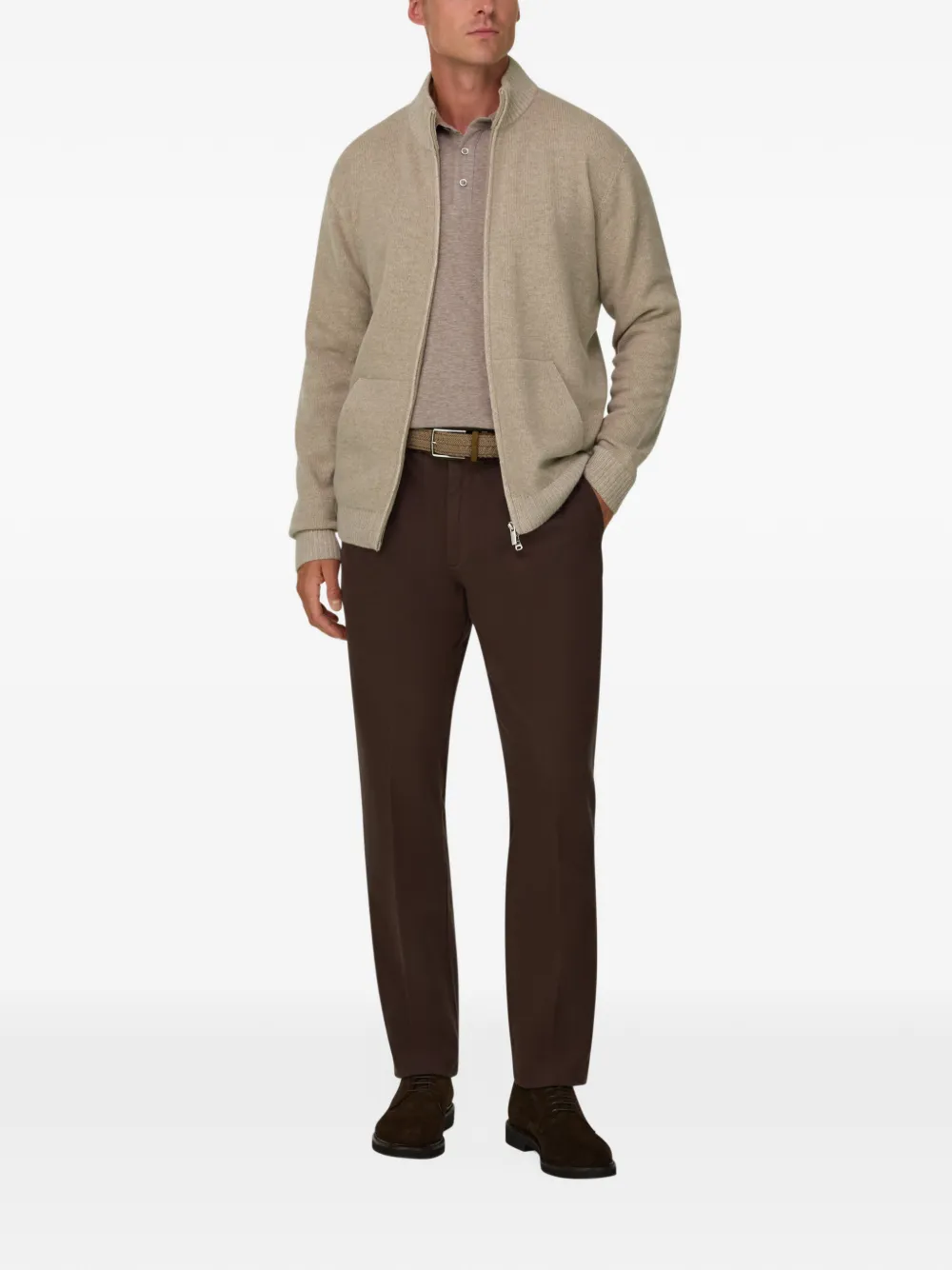 Boggi Milano roll-neck jumper full-zip cashmere blend plated Beige