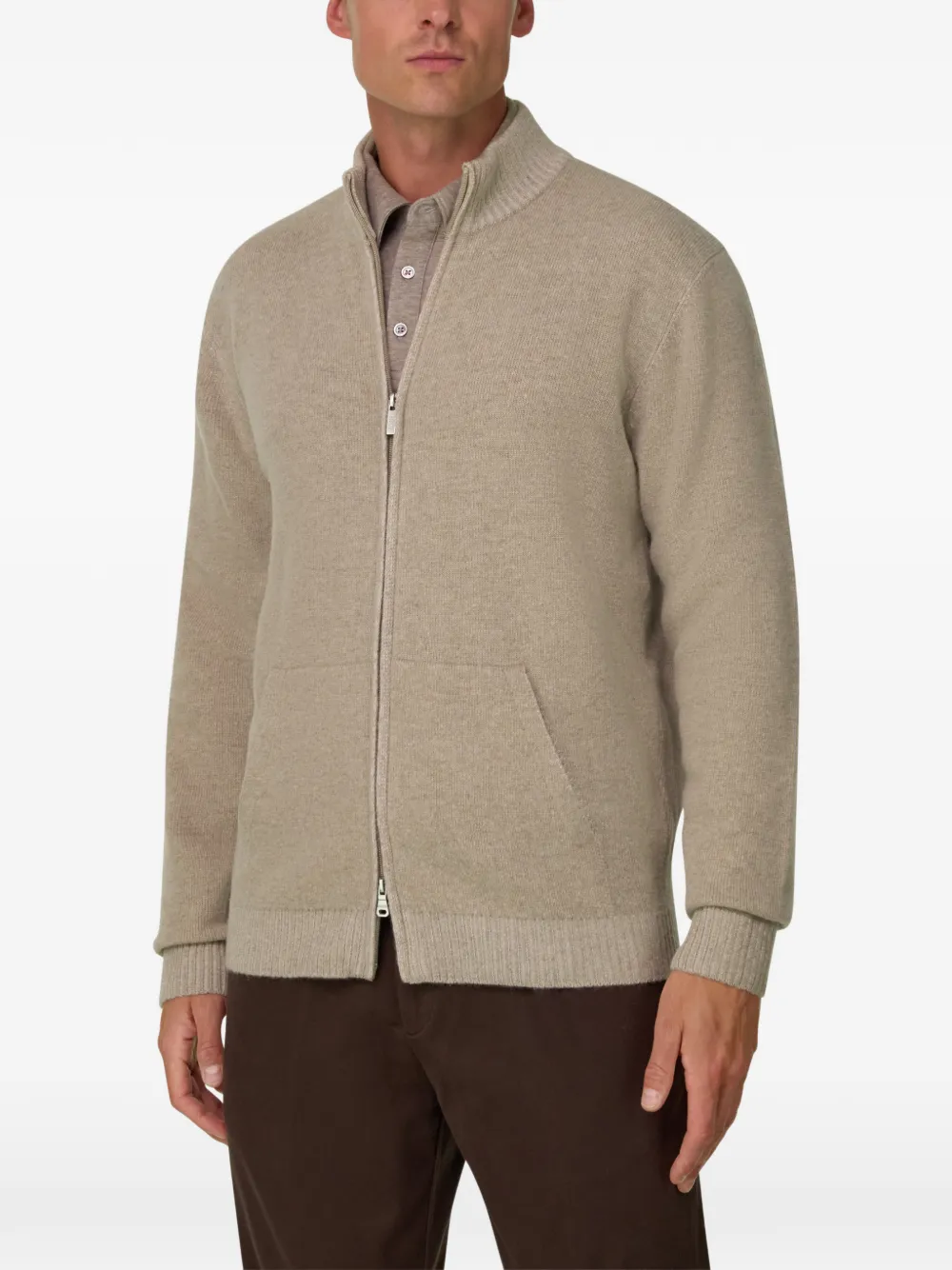 Boggi Milano roll-neck jumper full-zip cashmere blend plated Beige