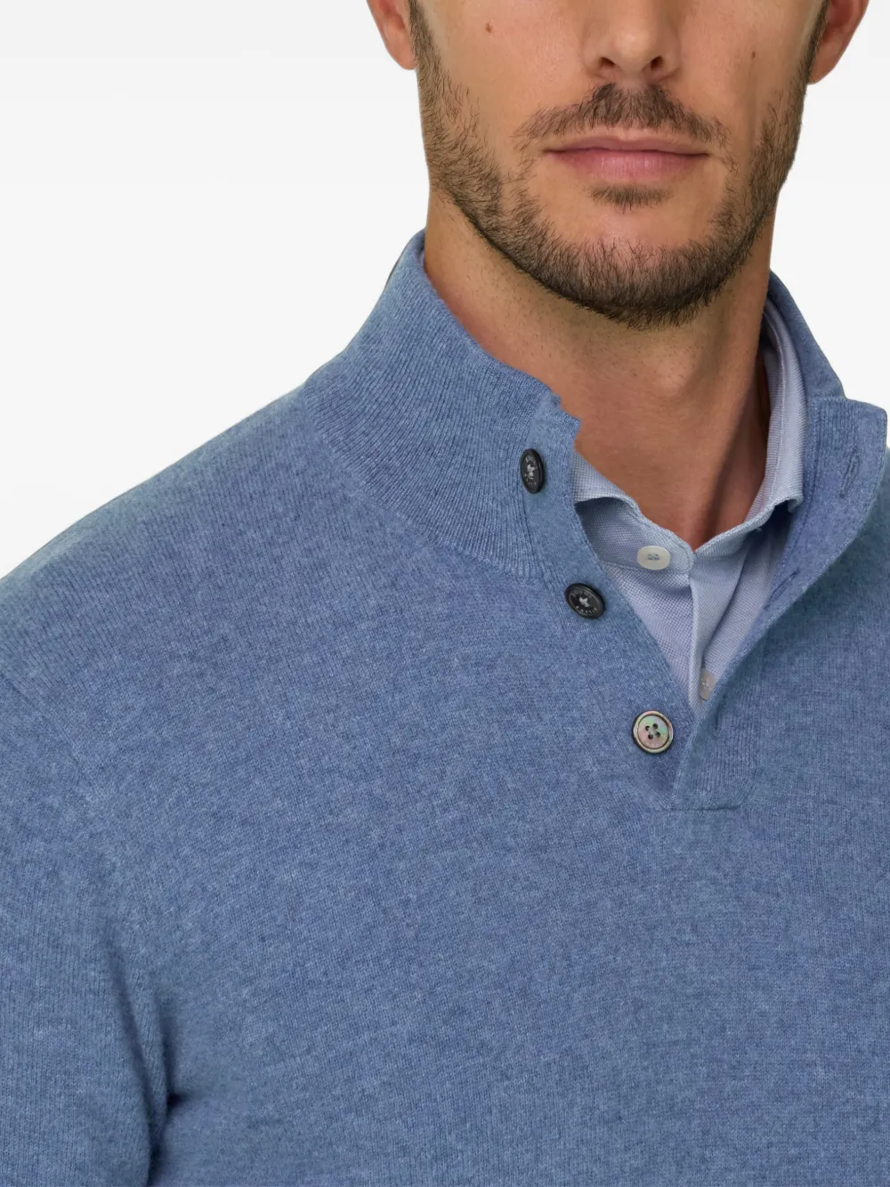 Boggi Milano roll-neck jumper buttons in wool cashmere Blauw