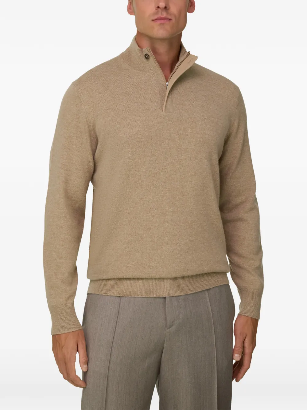 Boggi Milano roll-neck jumper quarter-zip wool cashmere mélange Beige