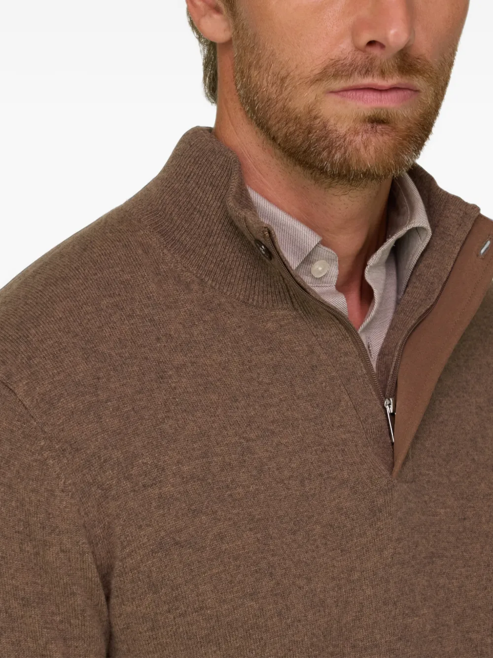 Boggi Milano roll-neck jumper quarter-zip wool cashmere mélange Bruin