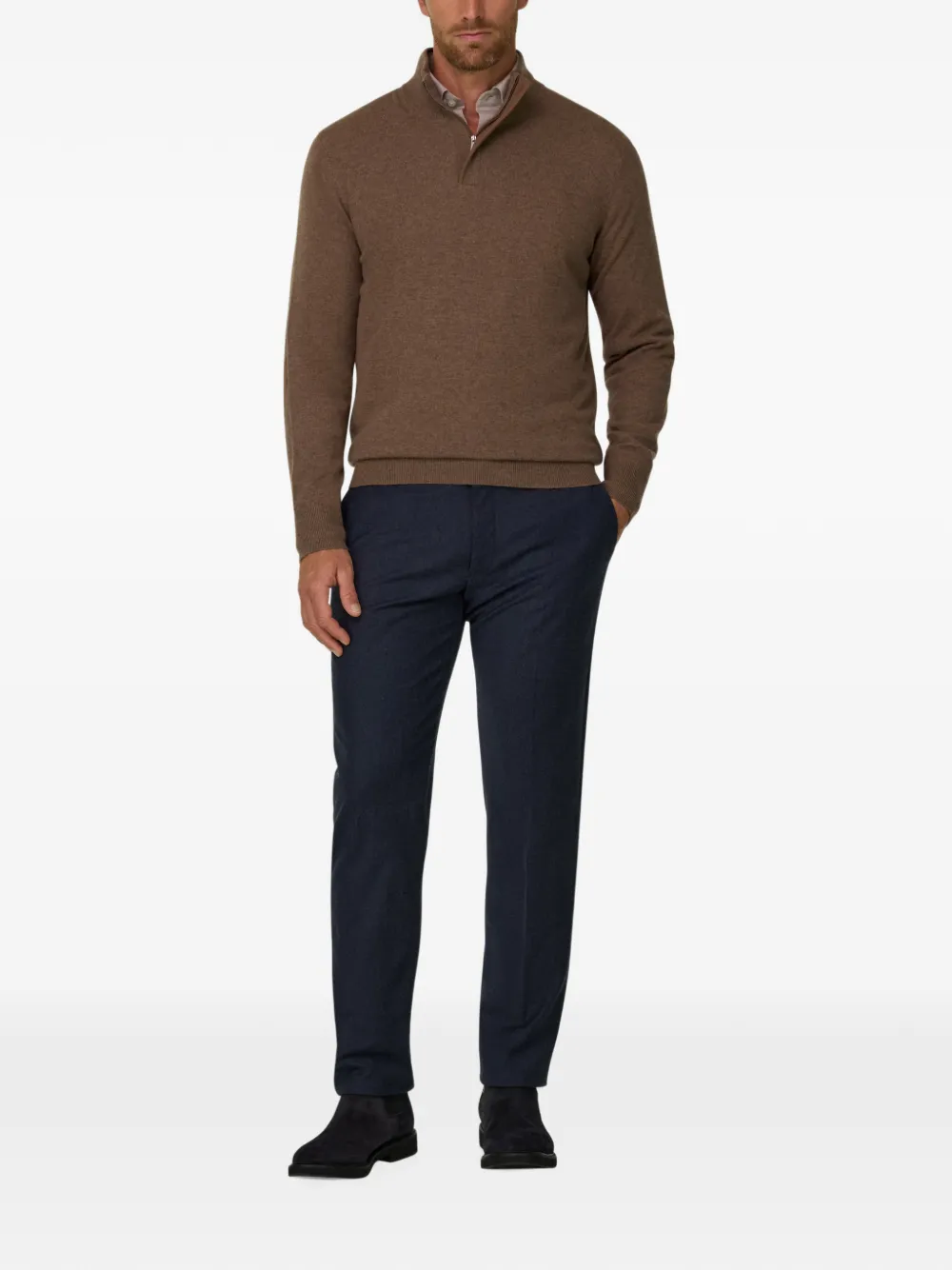 Boggi Milano roll-neck jumper quarter-zip wool cashmere mélange Bruin