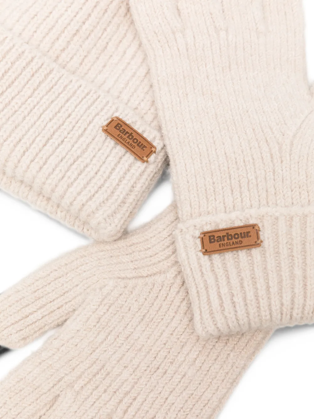 Barbour Pendle ribbed-knit beanie hat and gloves gift set Beige