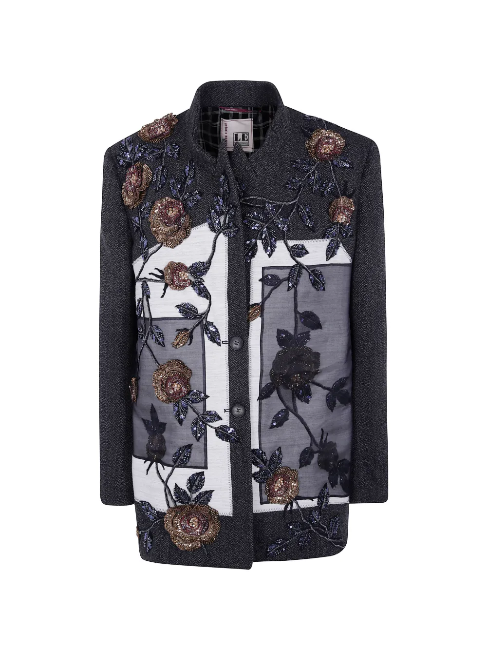 Antonio Marras floral-embellished herringbone blazer - Gris Antonio Marras floral-embellished herringbone blazer - Gris