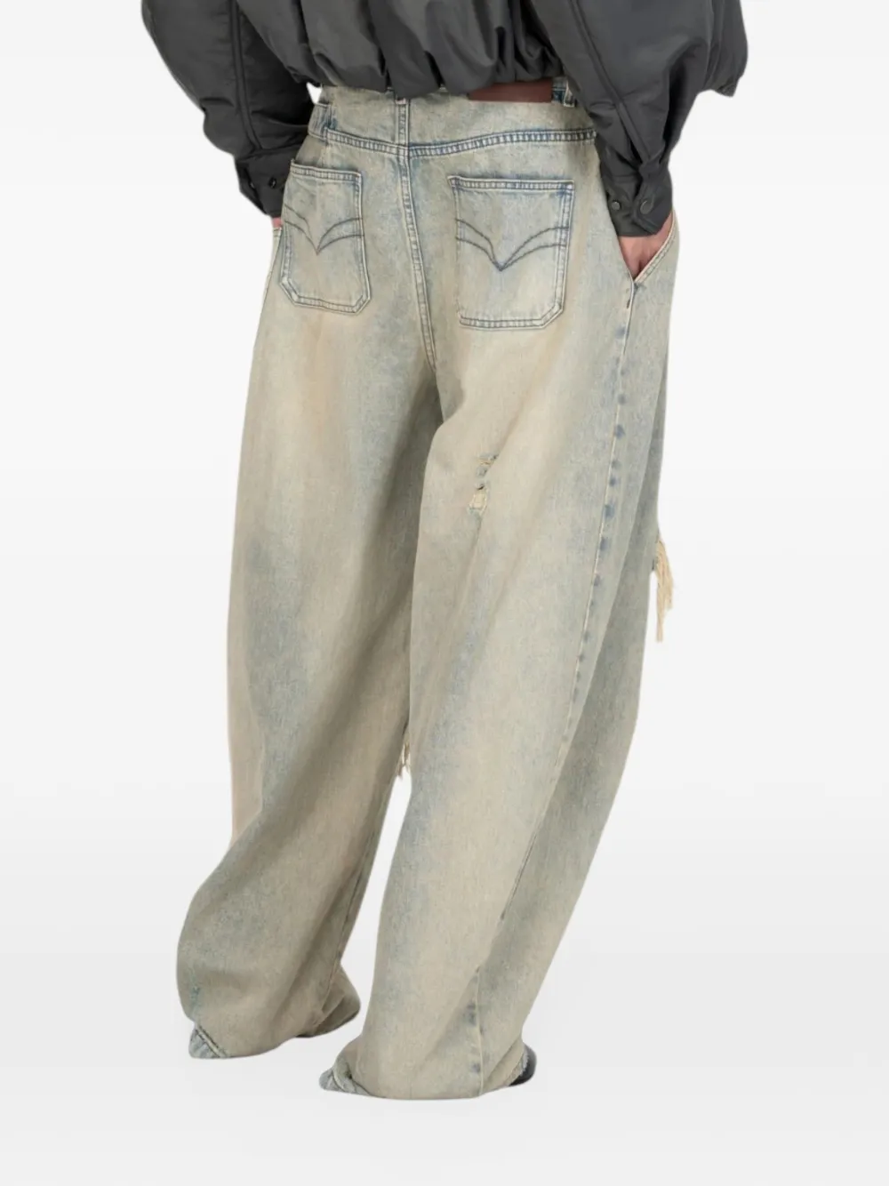 Feng Chen Wang pleated distressed jeans Blauw
