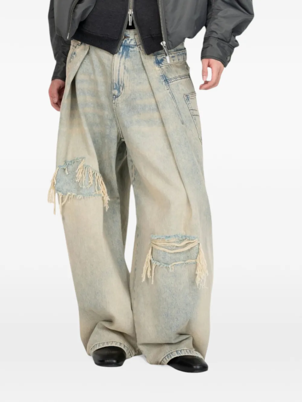Feng Chen Wang pleated distressed jeans Blauw