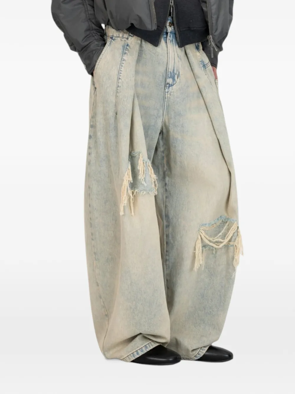 Feng Chen Wang pleated distressed jeans Blauw
