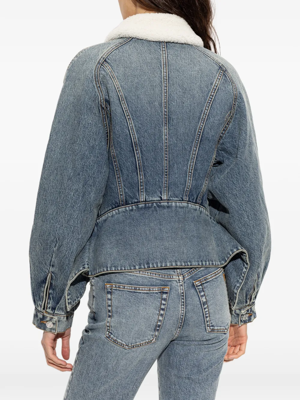 Balmain shearling-collar peplum denim jacket Blauw