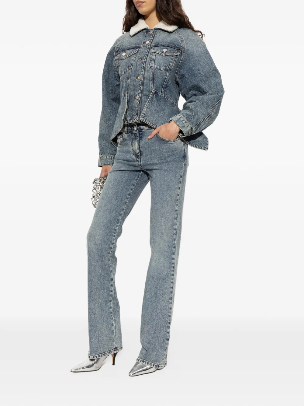 Balmain shearling-collar peplum denim jacket Blauw