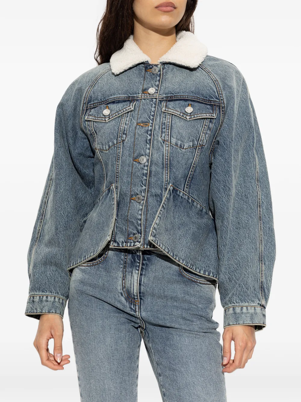Balmain shearling-collar peplum denim jacket Blauw
