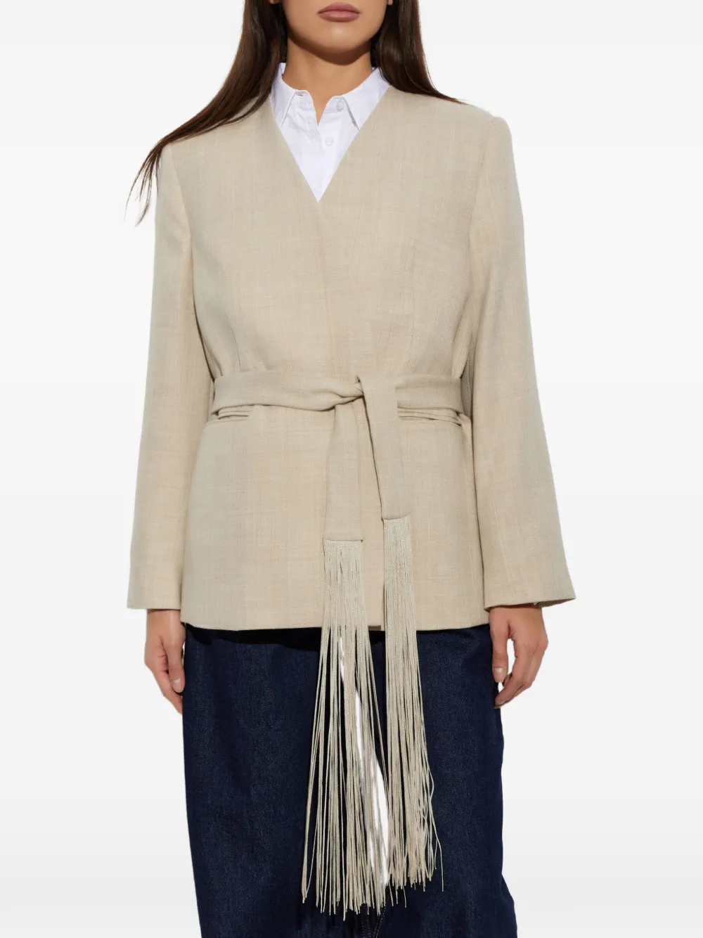 By Malene Birger Emma fringed belted jacket Beige