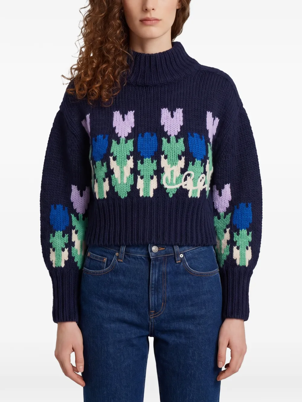 Chloé cropped mock-neck logo sweater in a wool knit - Blu