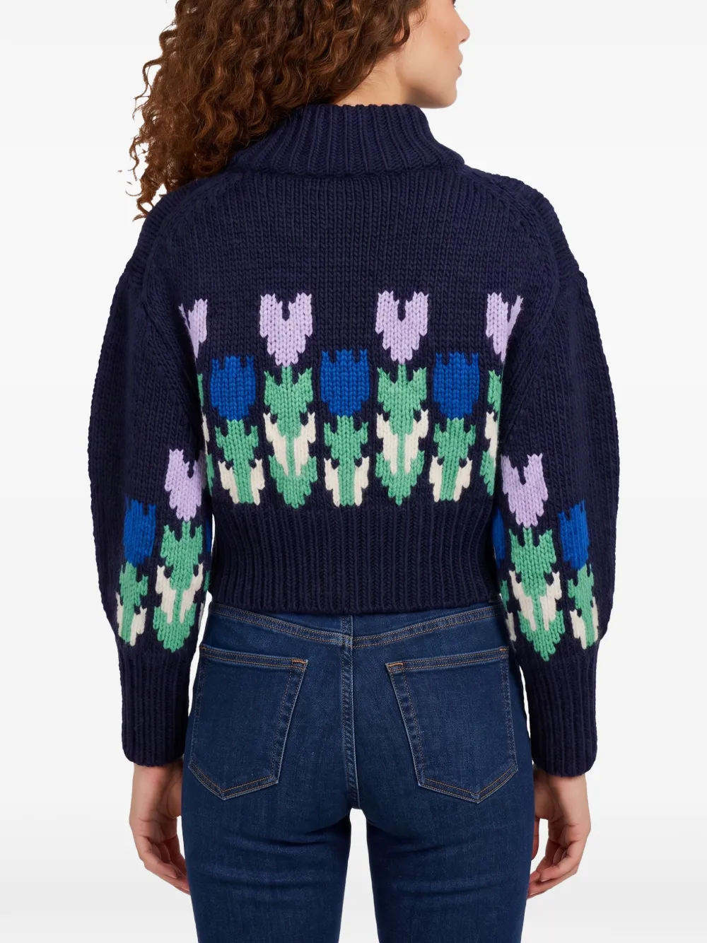 Chloé cropped mock-neck logo sweater in a wool knit Blauw