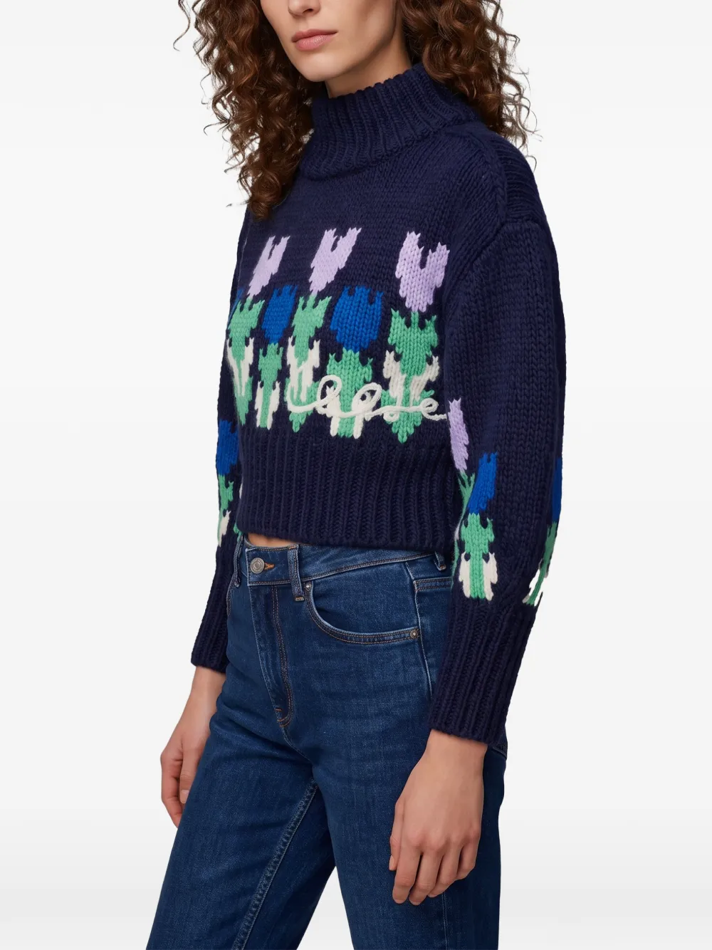 Chloé cropped mock-neck logo sweater in a wool knit Blauw