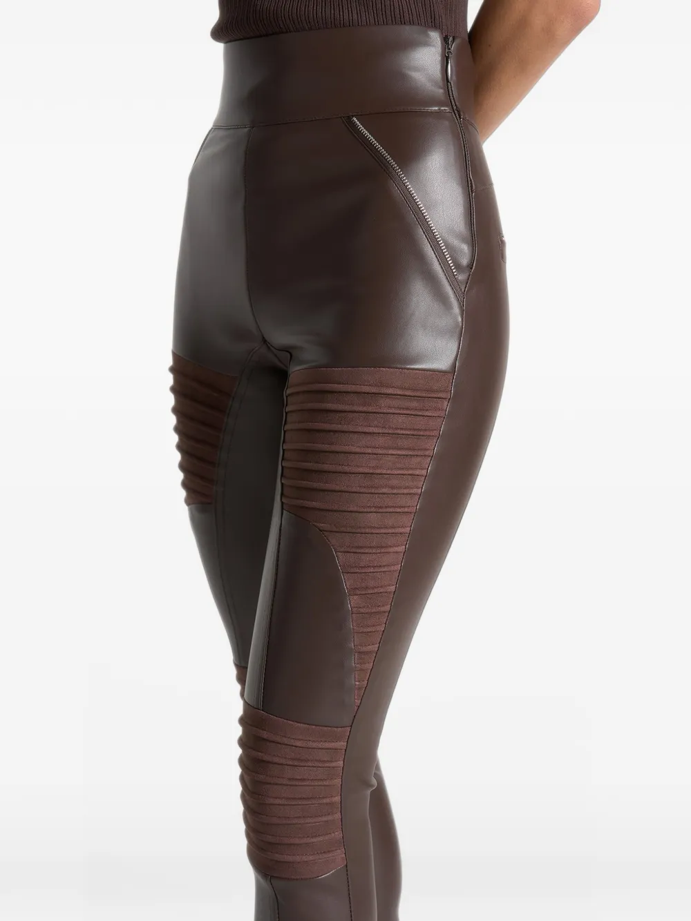 Manière De Voir leather & suede ribbed leggings chocolate brown Bruin