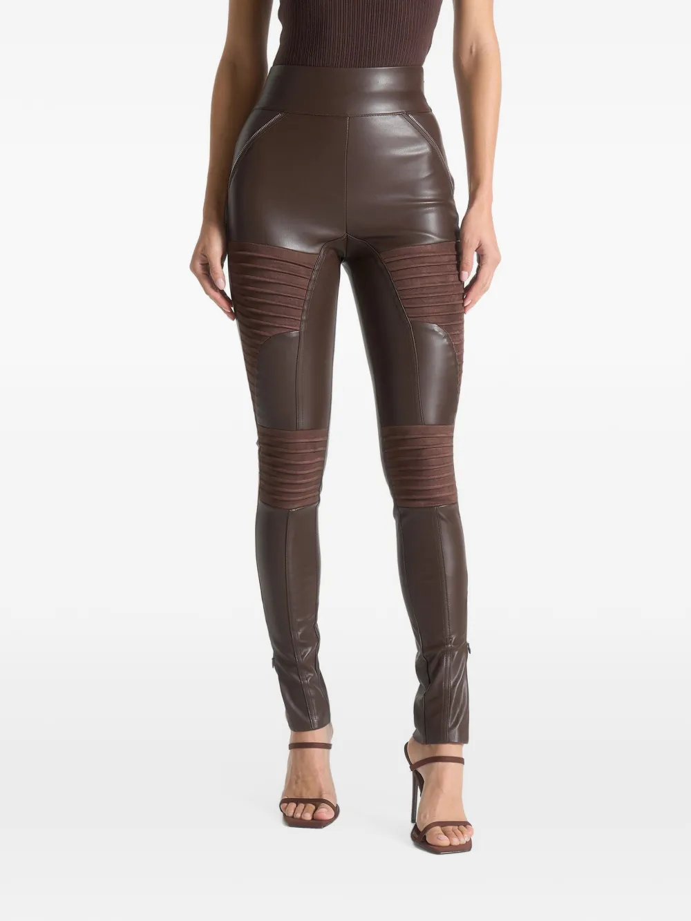 Manière De Voir leather & suede ribbed leggings chocolate brown Bruin