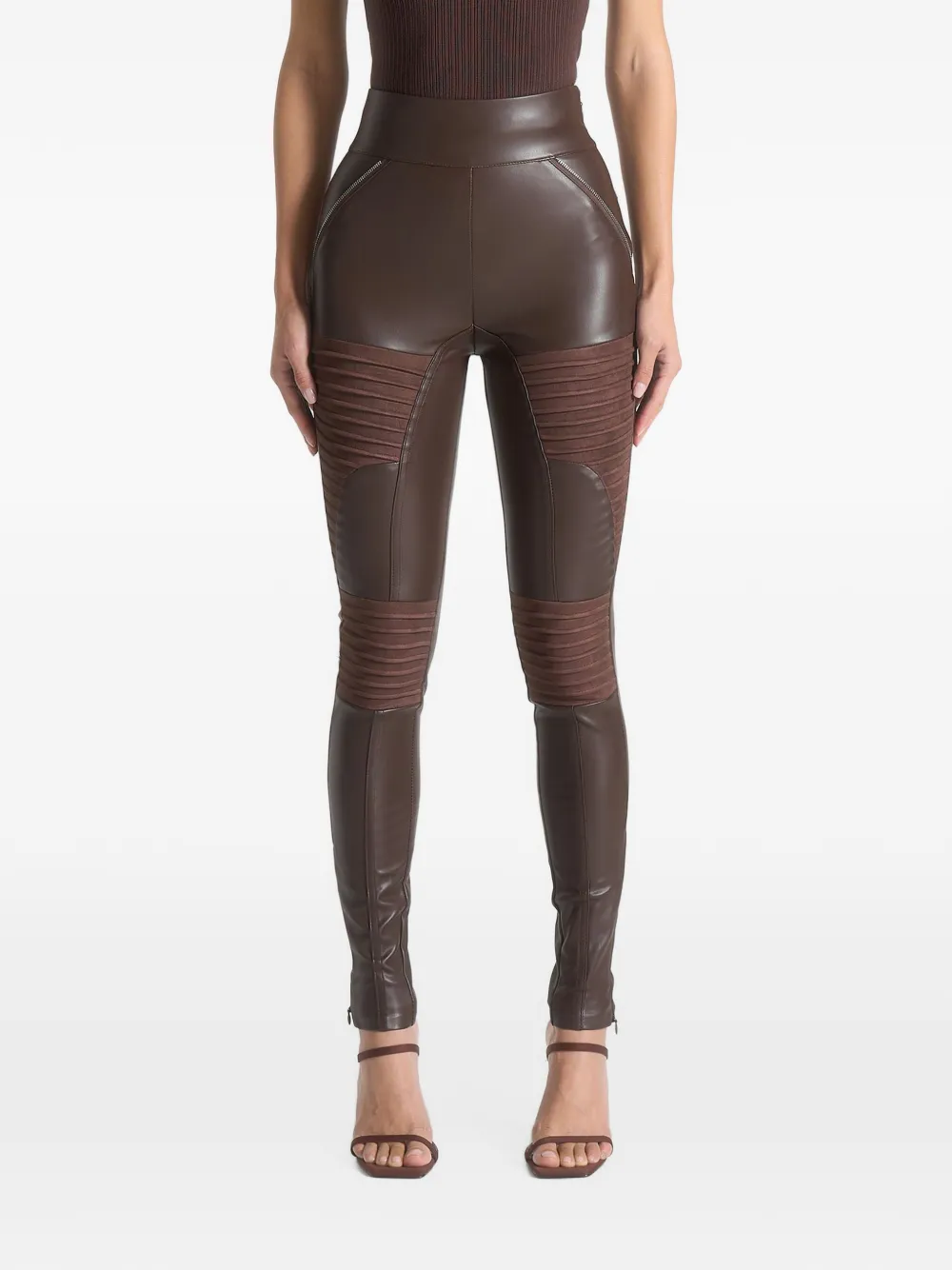 Manière De Voir leather & suede ribbed leggings chocolate brown - Marrone