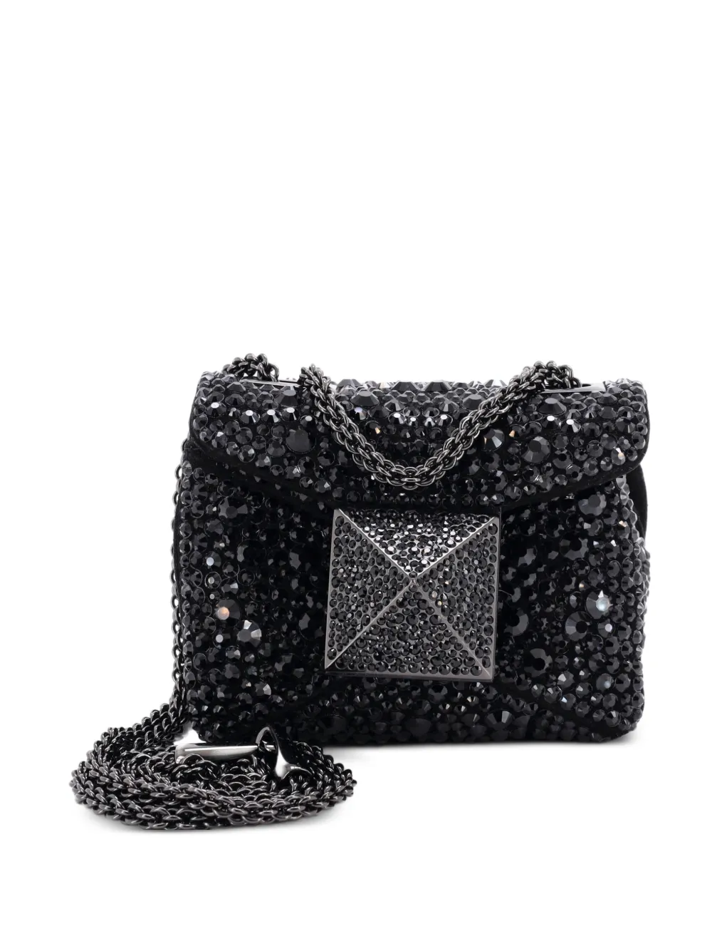 Valentino Garavani Pre-Owned One Stud Chain Flap Bag Crystal Embellished Suede Micro shoulder bag - Nero