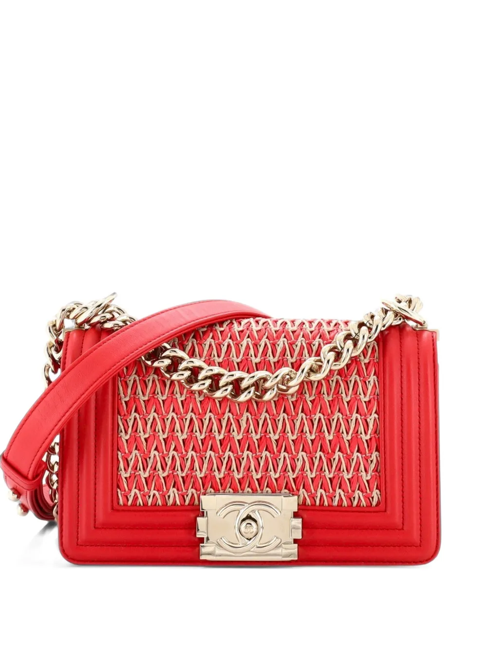 CHANEL Pre-Owned Boy Flap Bag Chevron Woven Raffia and Leather Small shoulder bag - Rot