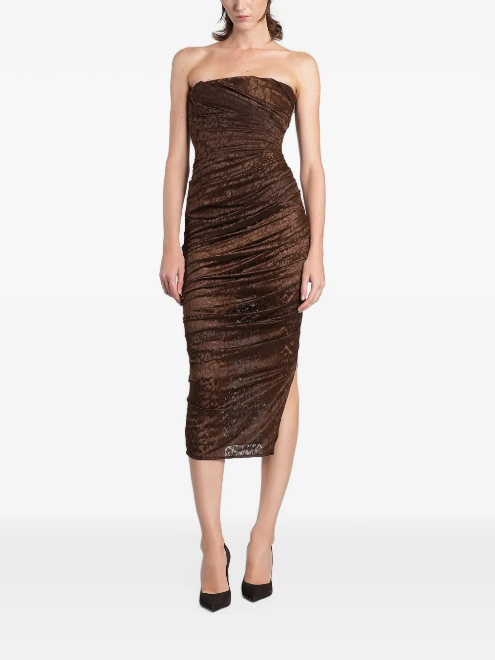 Alex Perry Midi-jurk met ruches en dieren-patroon Bruin