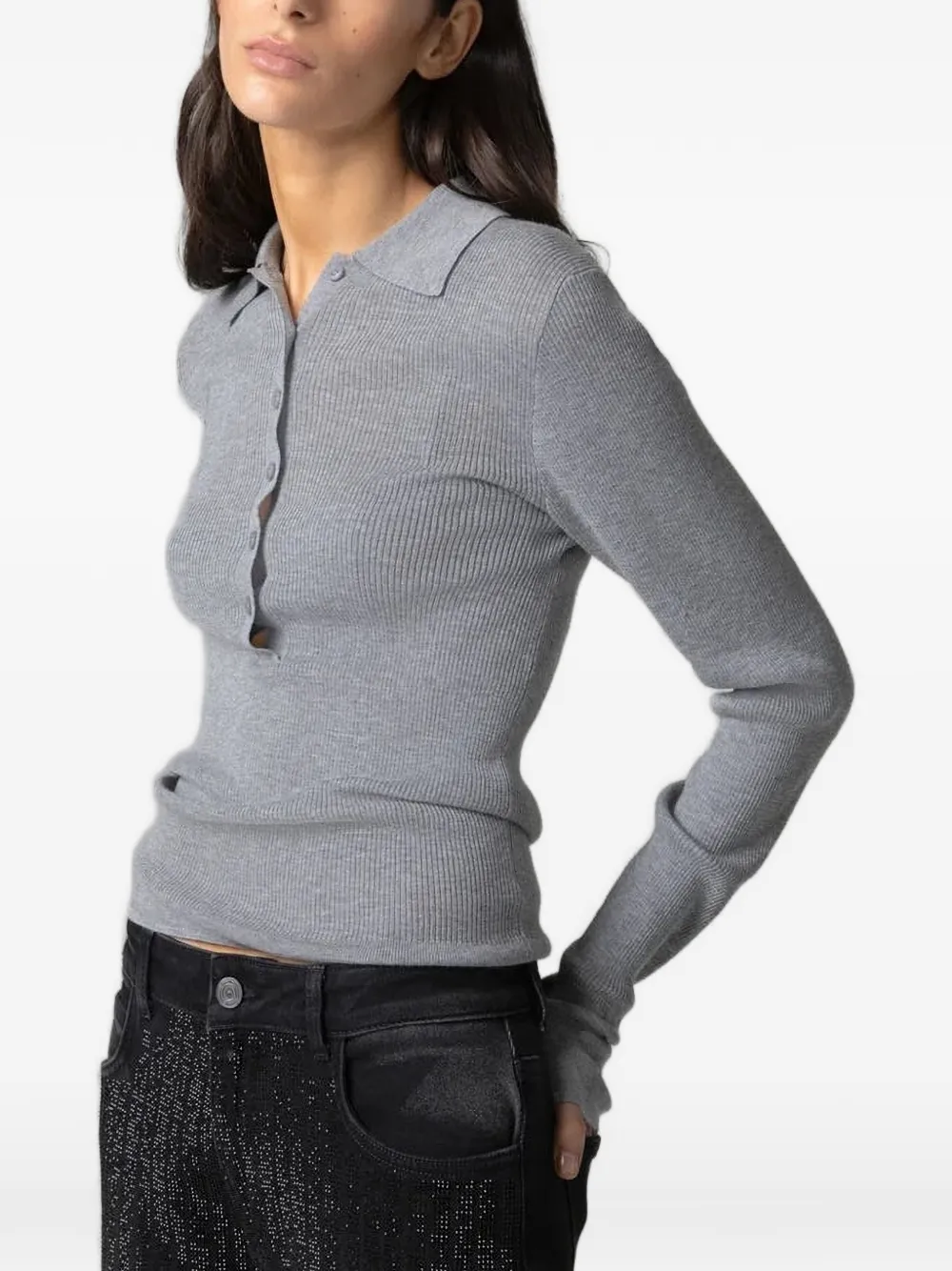 Gaëlle Paris ribbed-knit polo sweater - Gris Gaëlle Paris ribbed-knit polo sweater - Gris