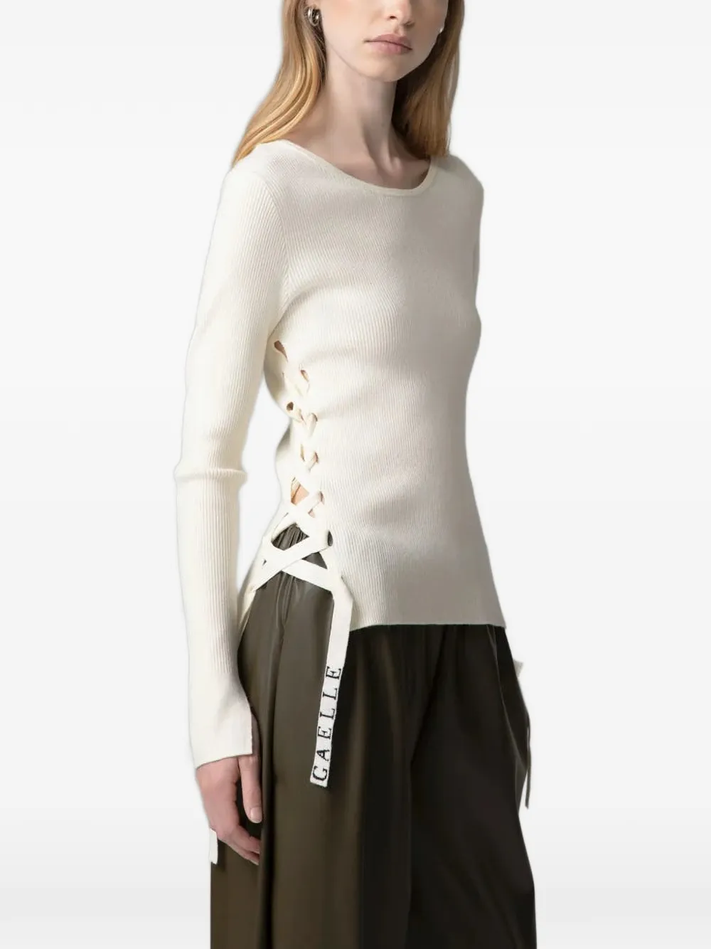 Gaëlle Paris lace-up ribbed-knit sweater - Tons neutres Gaëlle Paris lace-up ribbed-knit sweater - Tons neutres