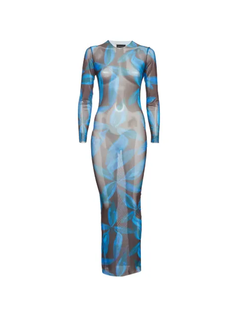 Louisa Ballou leaf-print mesh maxi dress