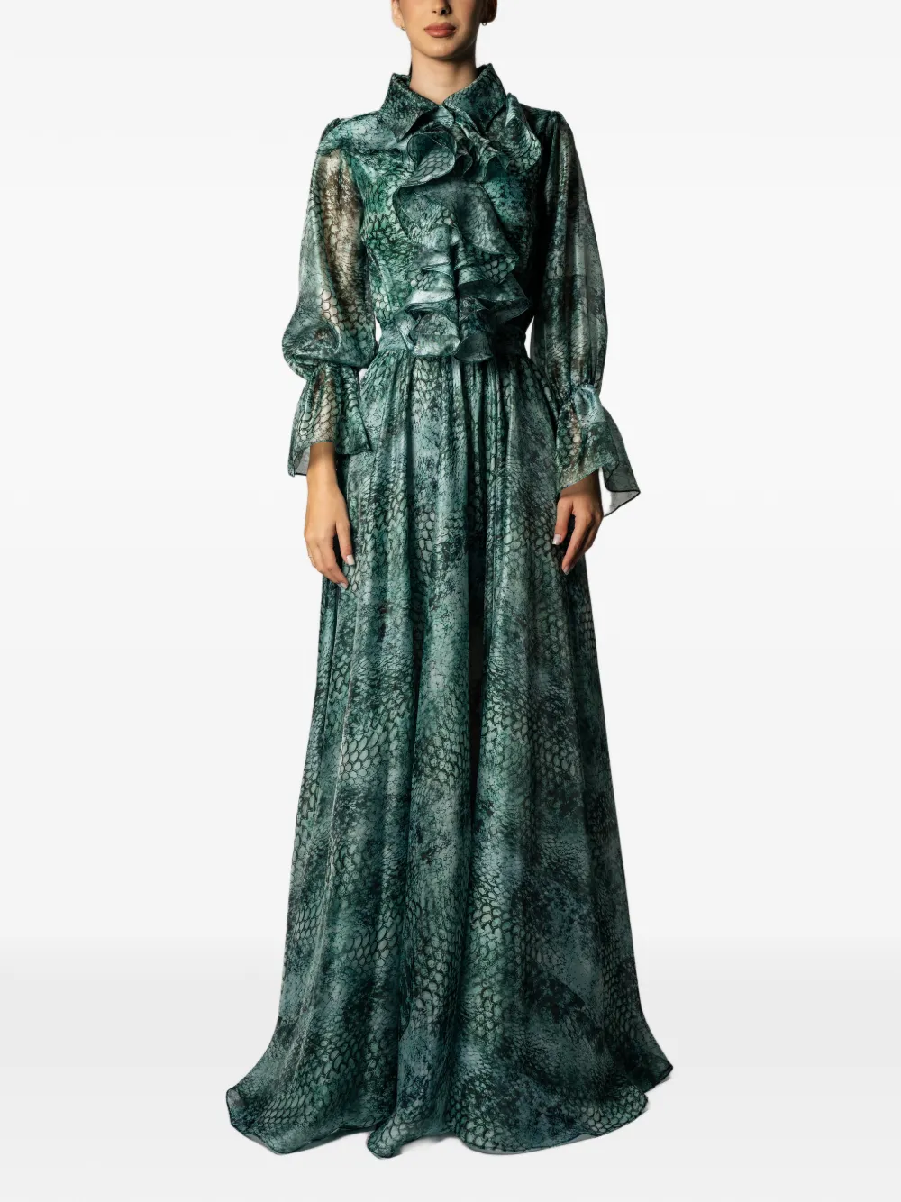 MIAU by Clara Rotescu ruffled snake-print dress Groen