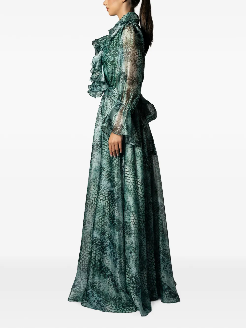 MIAU by Clara Rotescu ruffled snake-print dress Groen