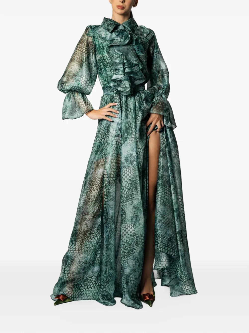 MIAU by Clara Rotescu ruffled snake-print dress Groen